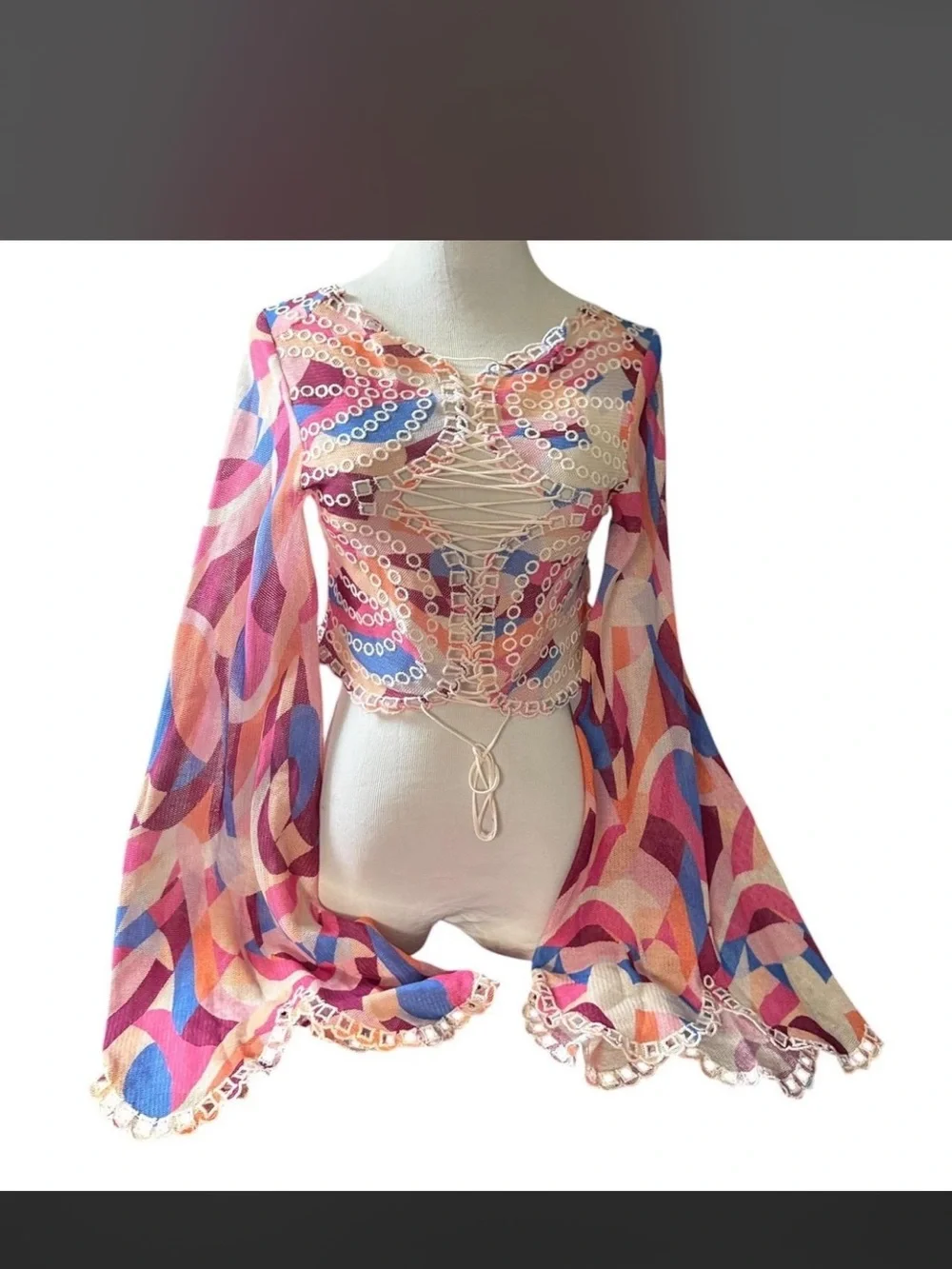 Multi-Color Lace-Up Mesh Crop Top - Pink/Blue Pattern